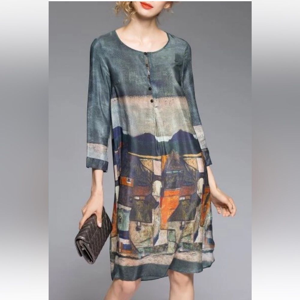 STYLEWE x QILI XL Blue Green Multi City Art Work Silk Long Sleeve Shirt Dress